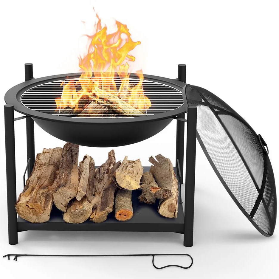 A round metal fire pit with a grilling grate, featuring a mesh cover and log storage underneath. Includes a poker tool for managing firewood.