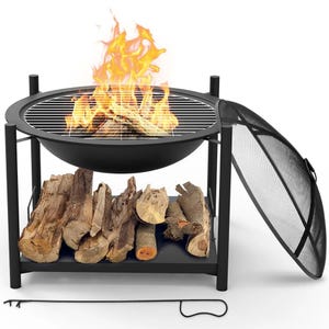 A round metal fire pit with a grilling grate, featuring a mesh cover and log storage underneath. Includes a poker tool for managing firewood.