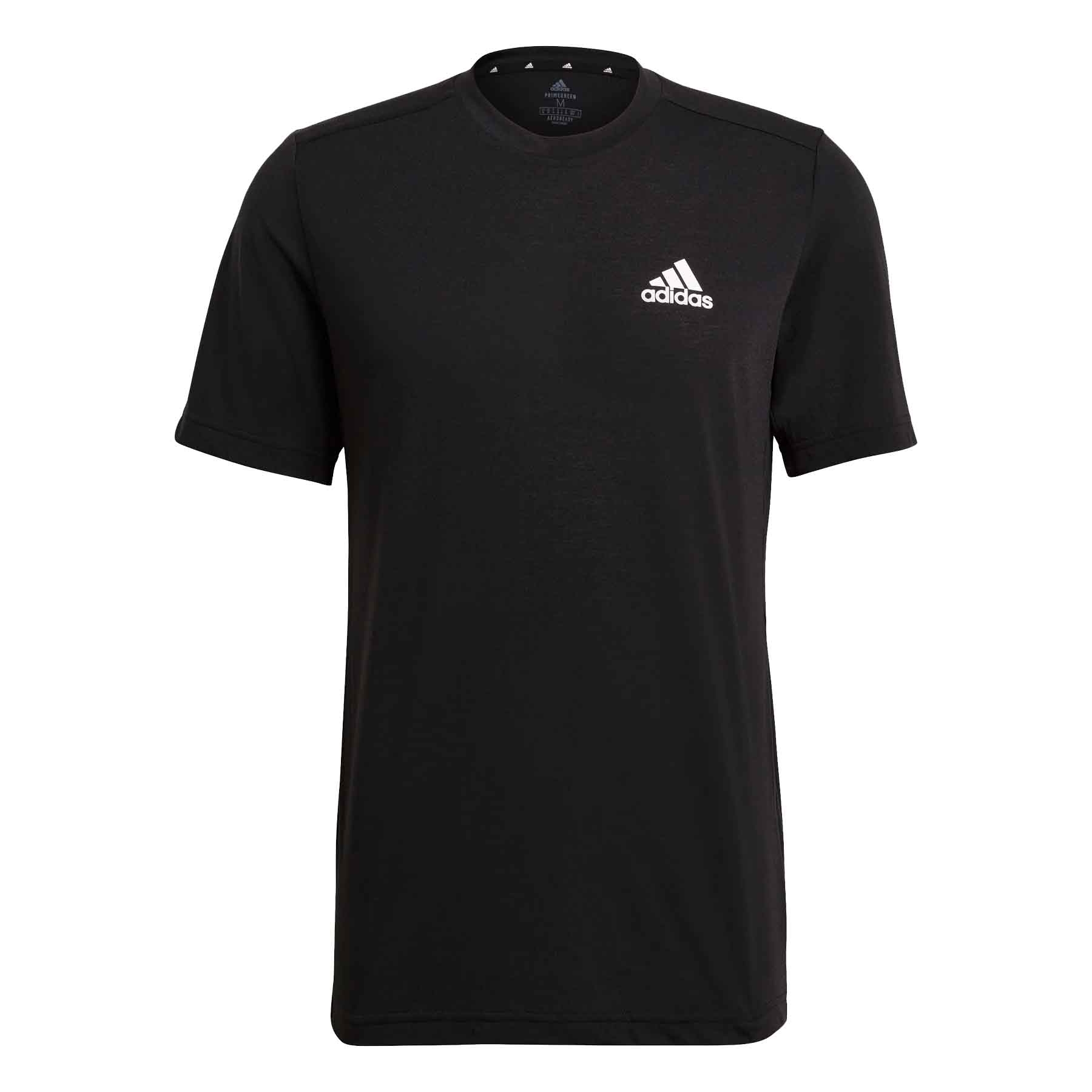 Black Adidas Men's Aeroready Sport Tee featuring a crew neck and the Adidas logo on the chest, designed for sports with moisture-wicking fabric to enhance comfort.