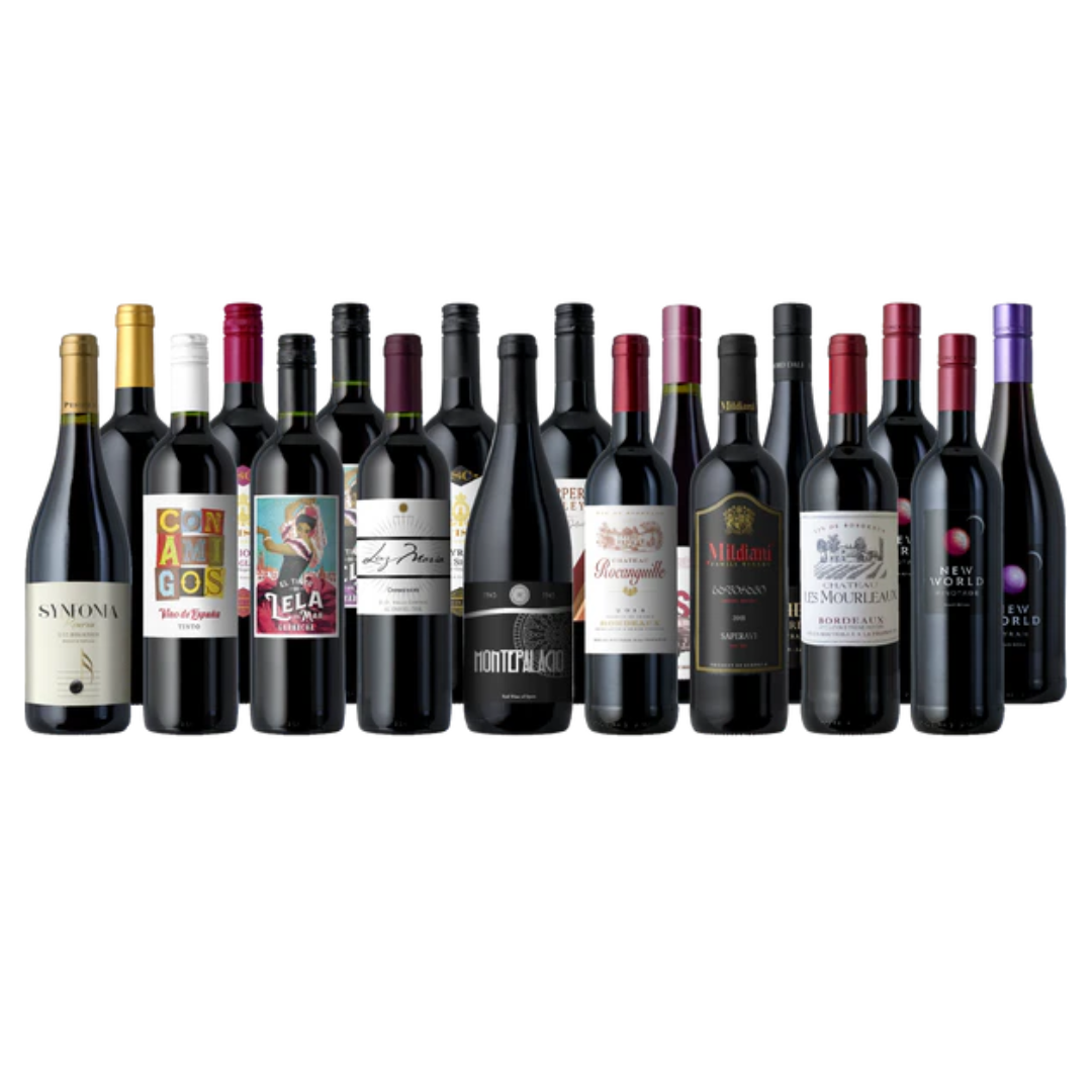 A selection of various red wines, featuring diverse labels and bottle designs.