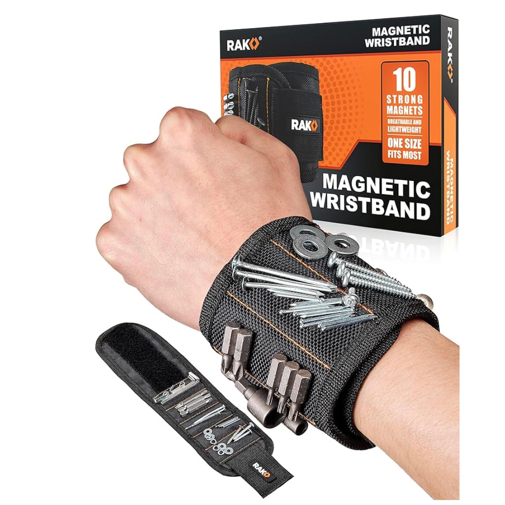 A magnetic wristband with 10 strong magnets holds screws, nails, and small tools for convenience. It's designed to be breathable and lightweight, with a one-size-fits-most feature.