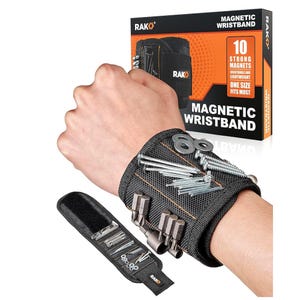 A magnetic wristband with 10 strong magnets holds screws, nails, and small tools for convenience. It's designed to be breathable and lightweight, with a one-size-fits-most feature.