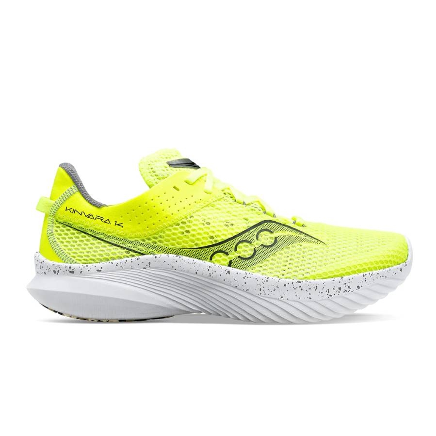 Saucony Kinvara 14 Running Shoes are bright yellow with a mesh upper and black detailing, featuring a speckled white midsole designed for lightweight performance and breathability.