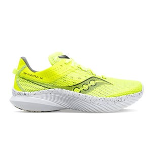 Saucony Kinvara 14 Running Shoes are bright yellow with a mesh upper and black detailing, featuring a speckled white midsole designed for lightweight performance and breathability.