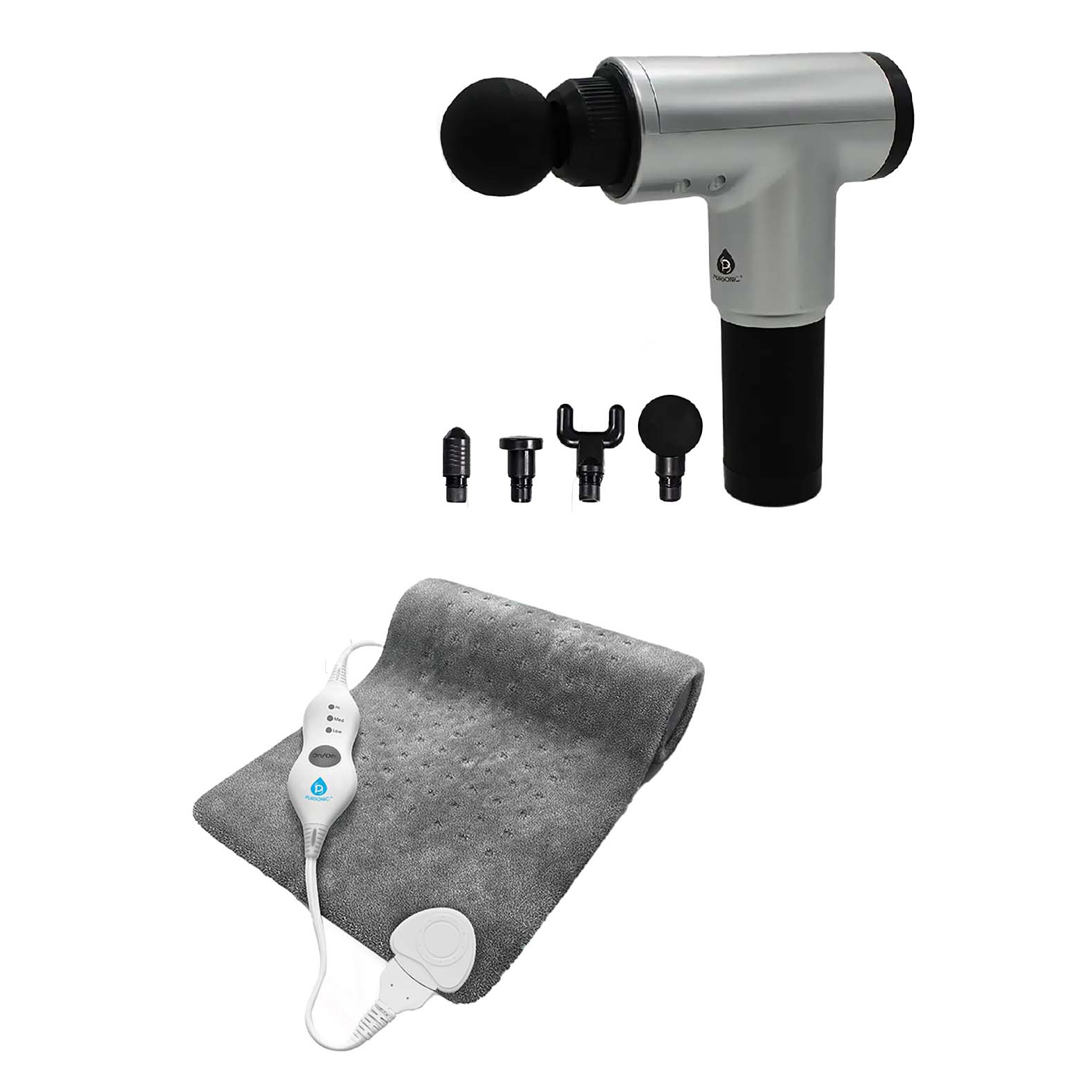 Massage gun with multiple attachments for targeted muscle relief and a gray electric heating pad with adjustable settings for soothing heat therapy.
