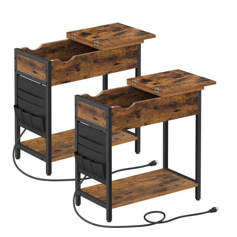 Two rustic brown end tables with black metal frames, equipped with built-in chargers, open-top storage compartments, and side pockets for organization. They include a lower shelf and feature an attached power cord for charging devices.