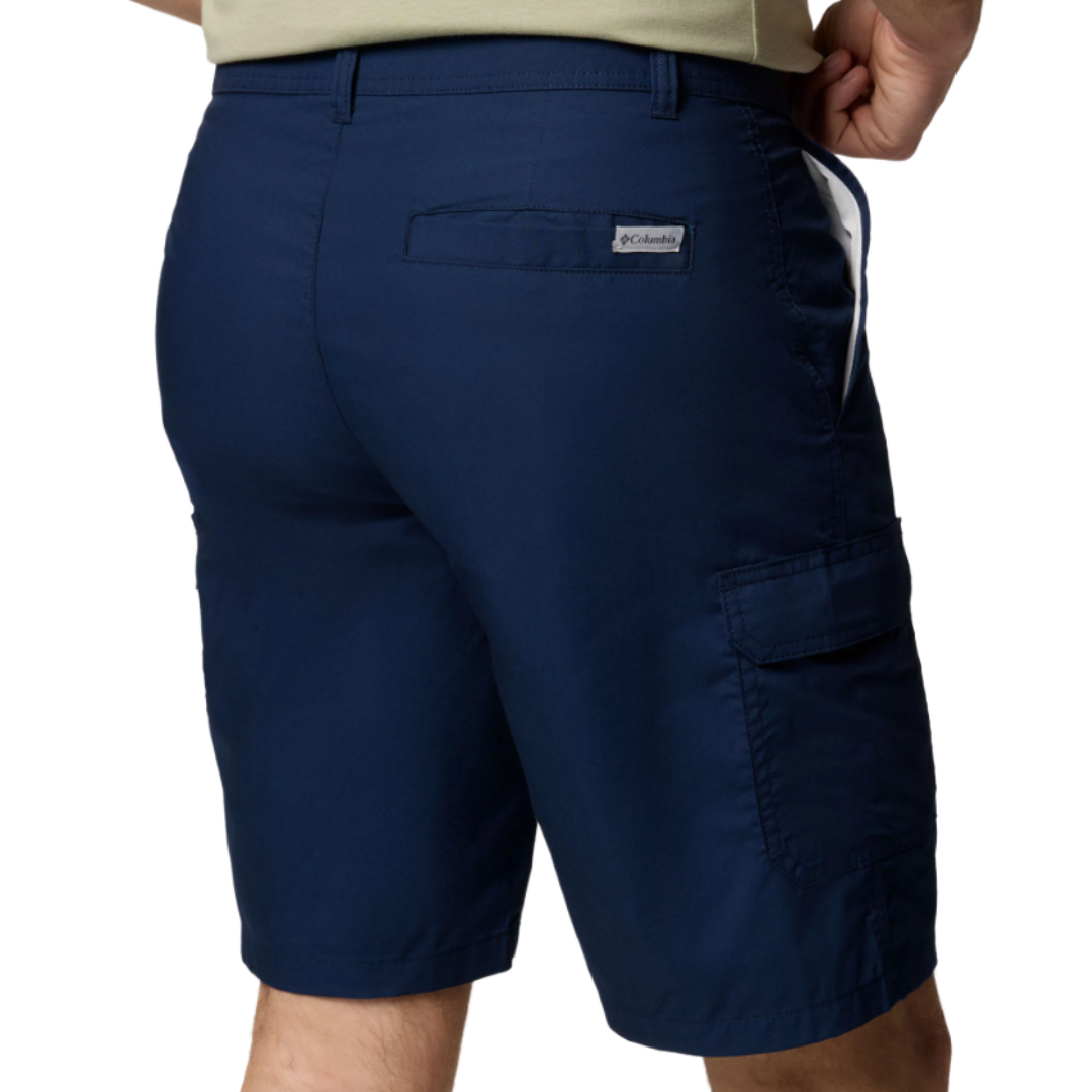 Navy blue cargo shorts featuring a back pocket with a Columbia logo tag and a side cargo pocket on the right leg.