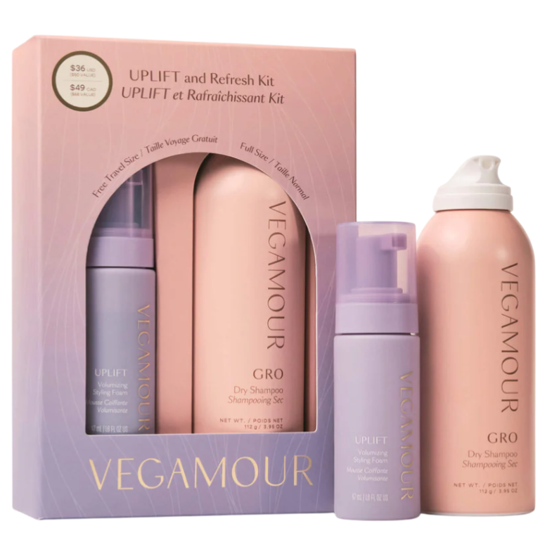 VEGAMOUR Uplift and Refresh Kit includes GRO Dry Shampoo (3.95 oz) and UPLIFT Volumizing Styling Foam (1.7 fl oz free travel size).