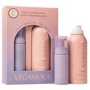 VEGAMOUR Uplift and Refresh Kit includes GRO Dry Shampoo (3.95 oz) and UPLIFT Volumizing Styling Foam (1.7 fl oz free travel size).