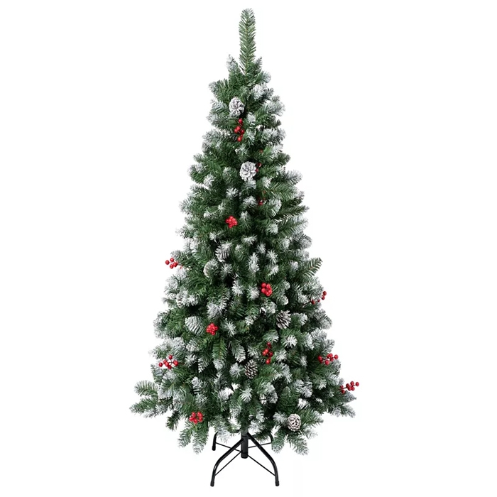 A 4.5-foot artificial Christmas tree adorned with frosted pine needles, red berries, and pinecones, set on a metal stand.