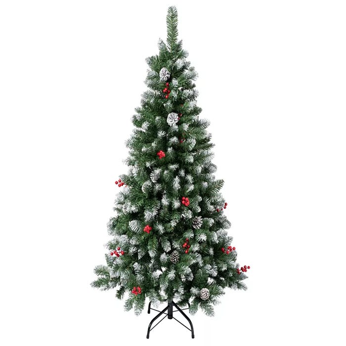 A 4.5-foot artificial Christmas tree adorned with frosted pine needles, red berries, and pinecones, set on a metal stand.