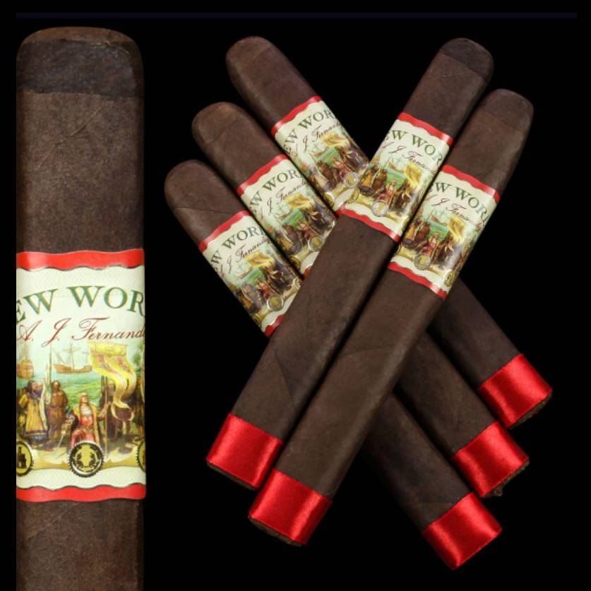 A bundle of ten dark-wrapped cigars labeled \“AJ Fernandez New World\“ are displayed with red bands at the foot.