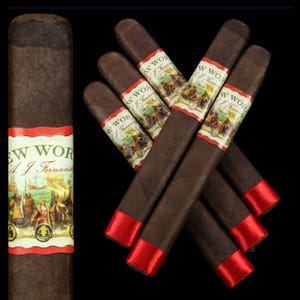A bundle of ten dark-wrapped cigars labeled \“AJ Fernandez New World\“ are displayed with red bands at the foot.