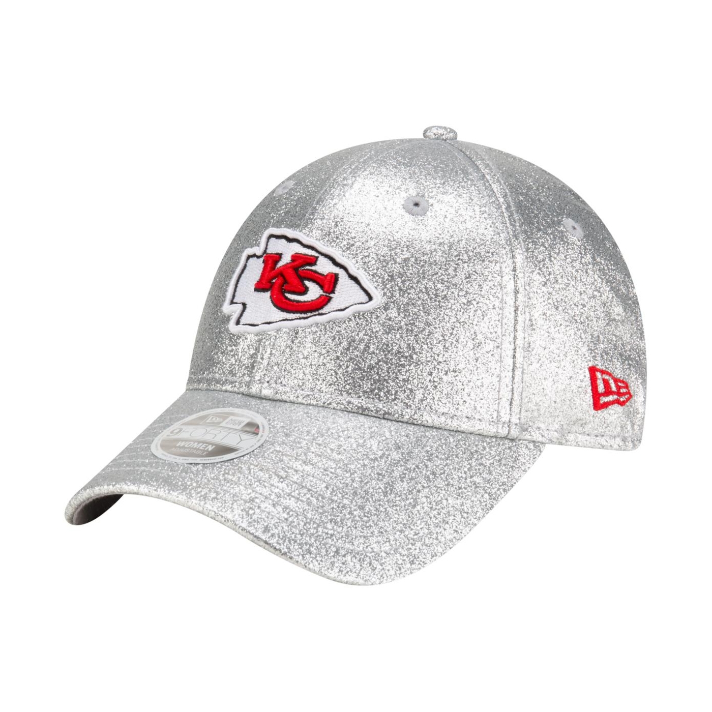 A silver, glitter-coated baseball cap with the Kansas City Chiefs logo on the front and the New Era logo on the side.