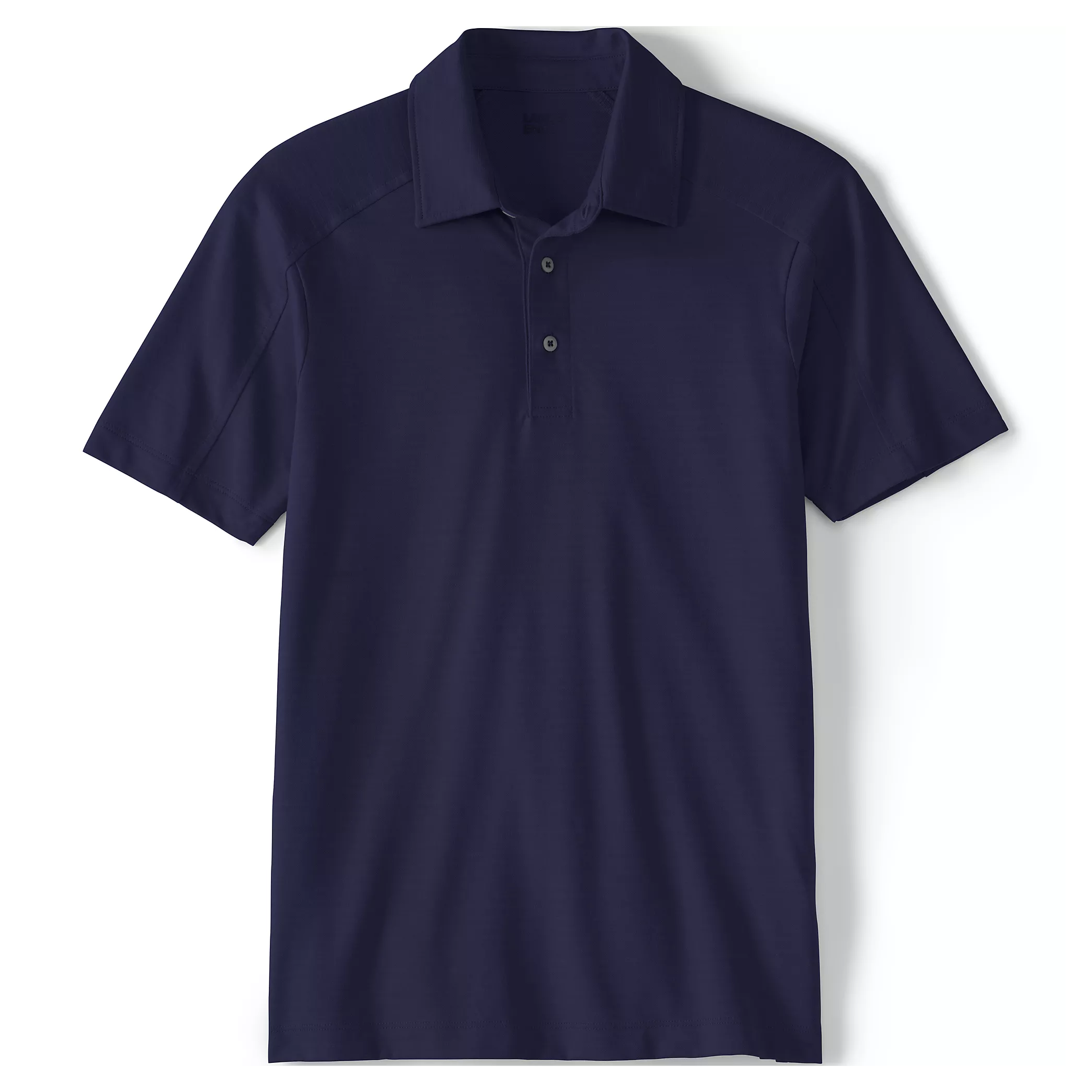 A navy blue short-sleeve polo shirt with a three-button placket and a classic collar design.