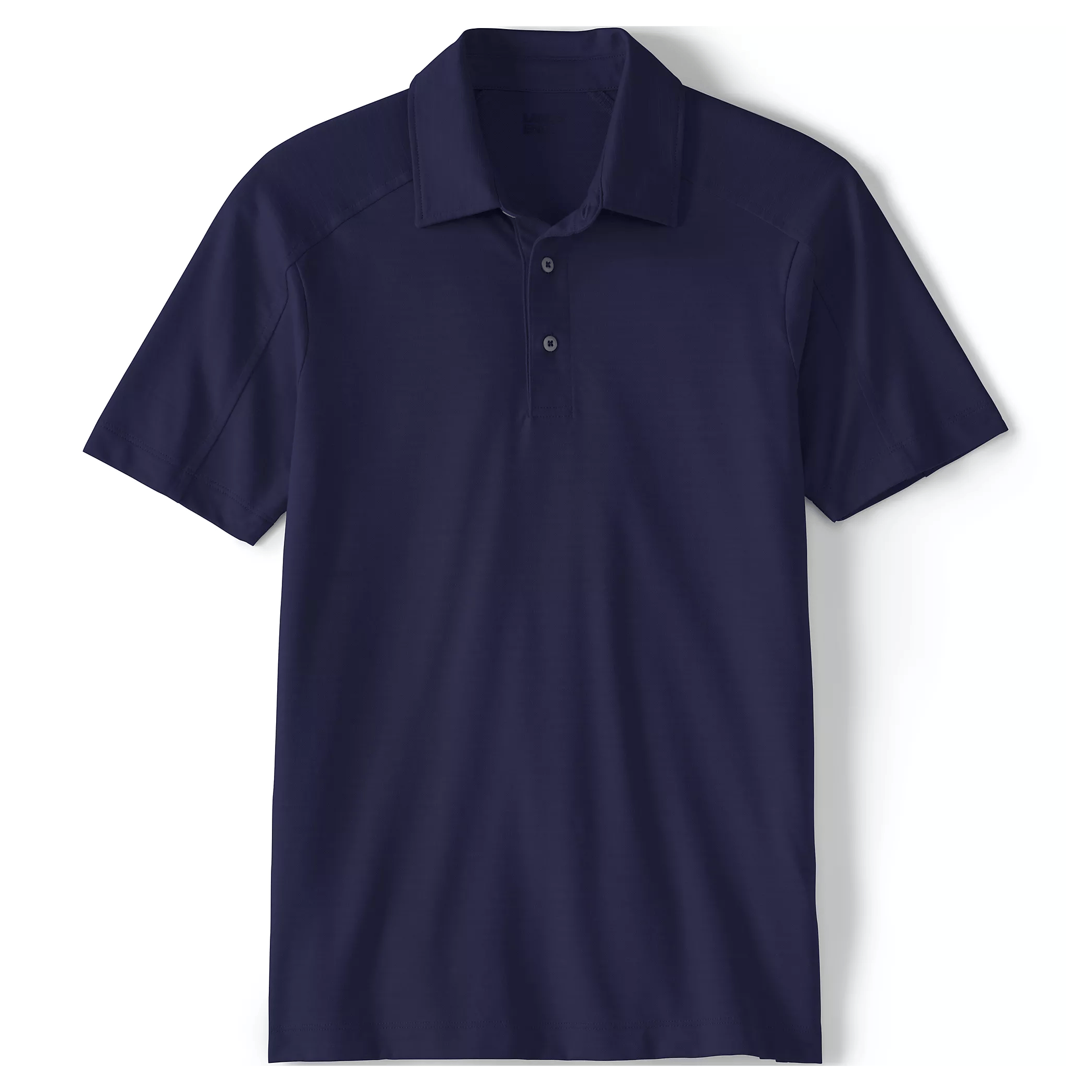 A navy blue short-sleeve polo shirt with a three-button placket and a classic collar design.