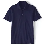 A navy blue short-sleeve polo shirt with a three-button placket and a classic collar design.