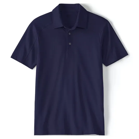A navy blue short-sleeve polo shirt with a three-button placket and a classic collar design.