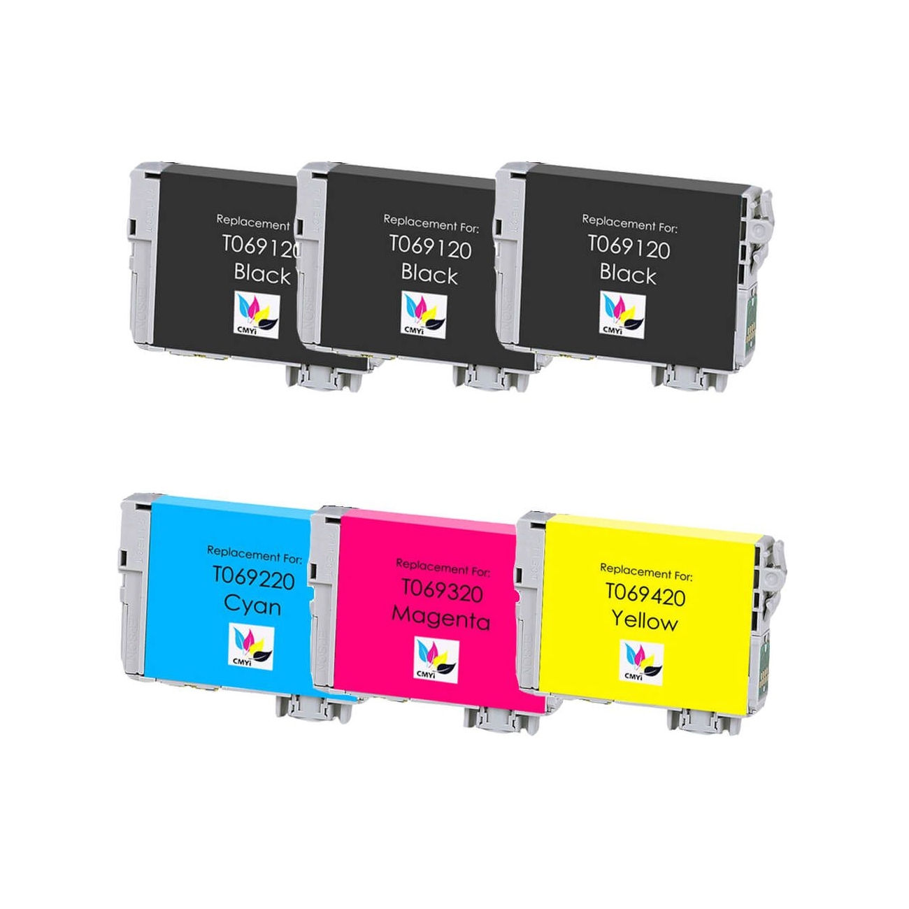 This 6-pack includes replacement ink cartridges for Epson printers: three black (T069120), one cyan (T069220), one magenta (T069320), and one yellow (T069420).