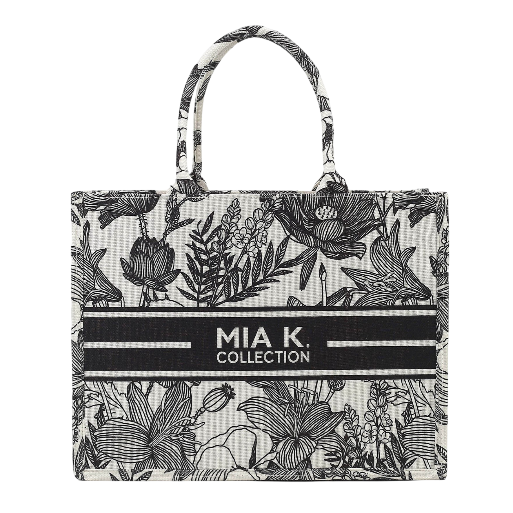 A black and white floral tote bag with the text \“MIA K. COLLECTION\“ printed in a black stripe across the front.