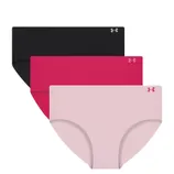 Set of three Under Armour women's seamless hipster underwear in black, pink, and light pink, each featuring the brand's logo on the waistband.