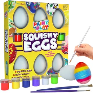 Squishy Easter Egg Painting Kit includes six white squishy eggs, six paint colors, and two paintbrushes, designed for creative painting activities for ages 6 and up.