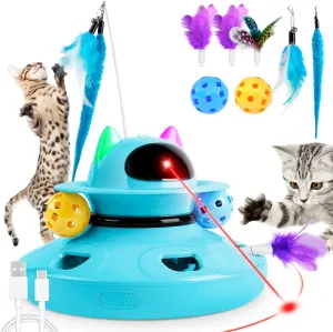 A multi-feature cat toy with an automatic laser pointer, a rotating UFO with feather attachments, and various hanging toys such as balls and feathers. It includes a USB charging port.