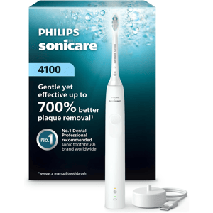 Philips Sonicare 4100 electric toothbrush with USB charger, claims up to 700% better plaque removal compared to a manual toothbrush.