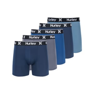 Five Hurley boxer briefs in different shades of blue and gray, each featuring a black waistband with the Hurley logo in white.