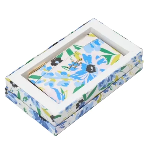 A floral-patterned wallet with blue and green flowers is presented in a decorative matching gift box.