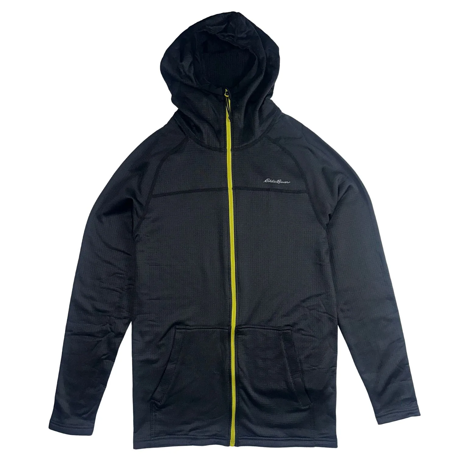 Black hoodie with a yellow zipper, featuring a front pocket and a subtle logo on the chest.
