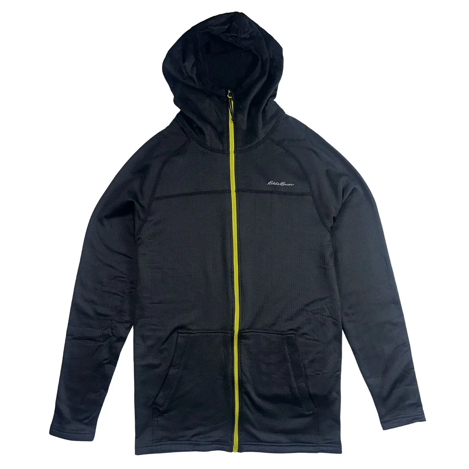 Black hoodie with a yellow zipper, featuring a front pocket and a subtle logo on the chest.