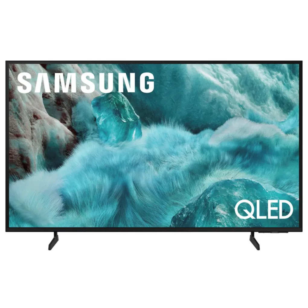 Samsung QLED TV with a screen displaying textured blue ice or fur-like visuals.