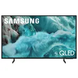 Samsung QLED TV with a screen displaying textured blue ice or fur-like visuals.