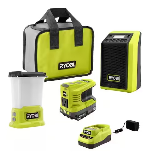 Ryobi tool set with a carrying bag, portable fan, rechargeable lantern, power inflator, and a battery with charger.