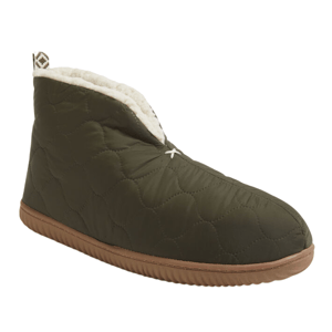 A quilted slipper boot with a brown sole and fluffy white interior, featuring a high-ankle design in dark green.