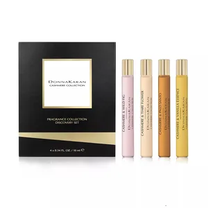 Donna Karan's Cashmere Collection Fragrance Discovery Set includes four 10 ml travel sprays: Cashmere & Wild Fig, Cashmere & Tiare Flower, Cashmere & Palo Santo, and Cashmere & Vanilla Essence.