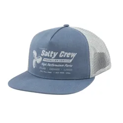 Blue and white mesh trucker cap featuring \“Salty Crew Propeller Service\“ logo and text related to high-performance parts, sales, repairs, and labor.