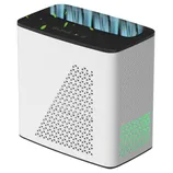 A white air purifier with a black top, featuring digital controls and decorative side vents, emits blue light and greenery graphics.