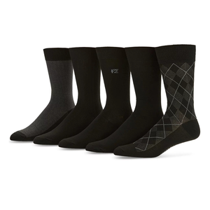 A set of five black crew socks with different designs, including solid, patterned, and argyle styles.