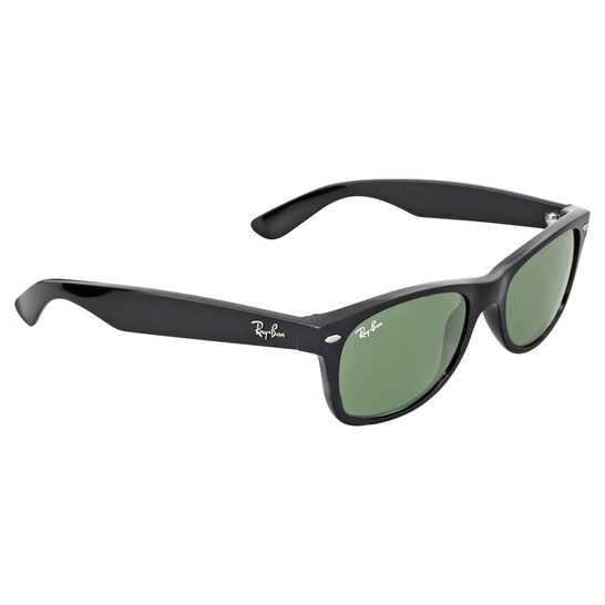 Ray-Ban Wayfarer Classic sunglasses feature a black frame with green lenses, showcasing the iconic Wayfarer design. The Ray-Ban logo is visible on the arms and lenses.