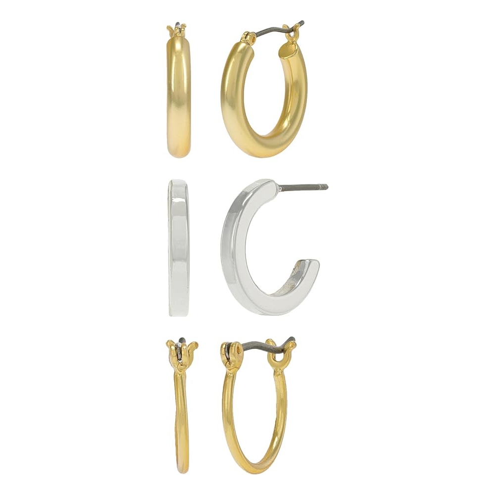A set of gold and silver hoop earrings in various sizes and shapes.