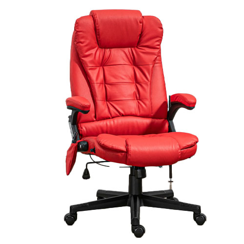 Red ergonomic office chair with adjustable armrests, headrest, and a padded seat on a black swivel base with wheels.