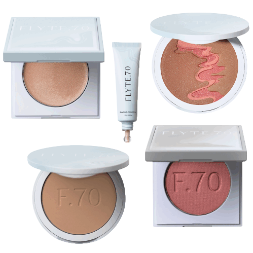 Four makeup items from Flyte.70, including a highlighter, a tube of concealer, a bronzer with pink detail, and a blush compact.