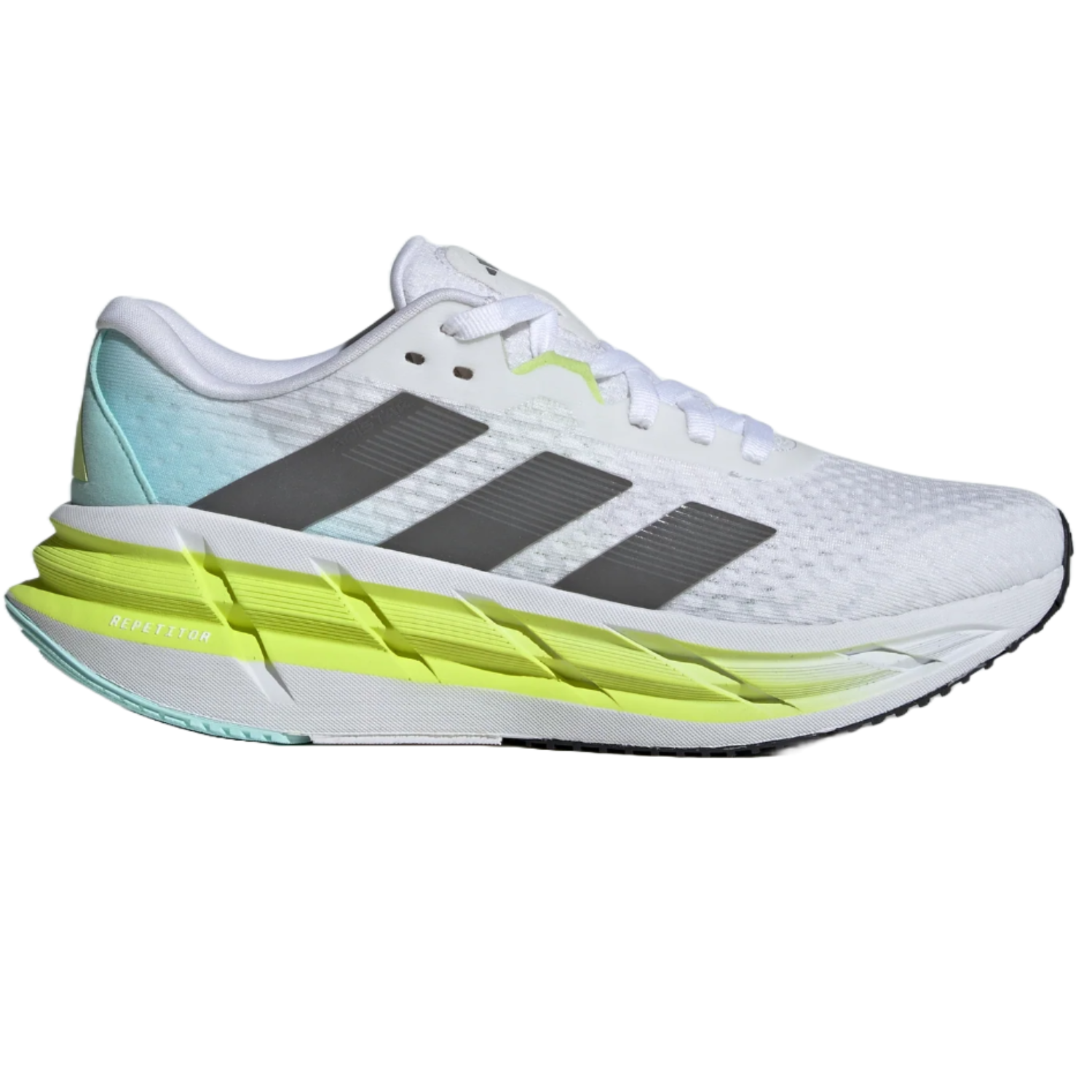 Adidas Adistar 3 Shoes are white running shoes with gray stripes and a bright yellow midsole. They feature a cushioned sole with \“REPETITOR\“ branding and a mesh upper for breathability.
