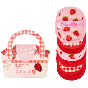The 7pc Strawberry Fields Set includes reusable makeup eraser pads with strawberry patterns and red and pink colors, presented in a basket-themed package.