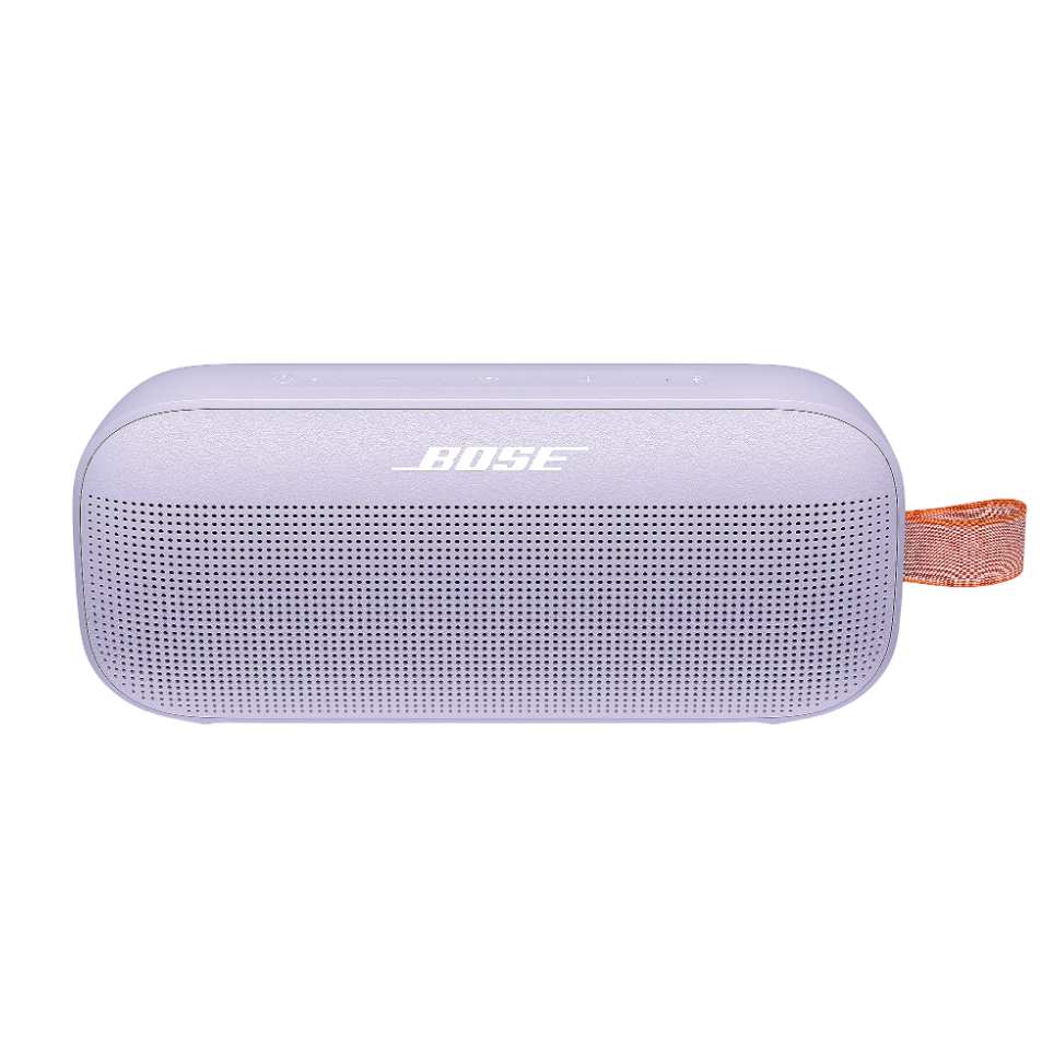 Bose Bluetooth speaker in light purple with an orange strap, featuring a perforated grille design and control buttons on top.