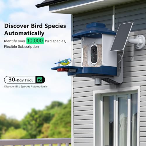 Smart bird feeder with a camera and solar panel, designed to automatically identify over 10,000 bird species, offering a flexible subscription with a 30-day trial.