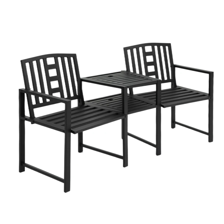 The metal double patio chair set features two connected chairs with armrests and a middle table. It's designed with a slatted back and seat, all in a black finish, providing a modern and functional outdoor seating option.