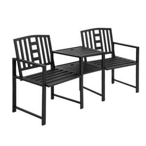 The metal double patio chair set features two connected chairs with armrests and a middle table. It's designed with a slatted back and seat, all in a black finish, providing a modern and functional outdoor seating option.
